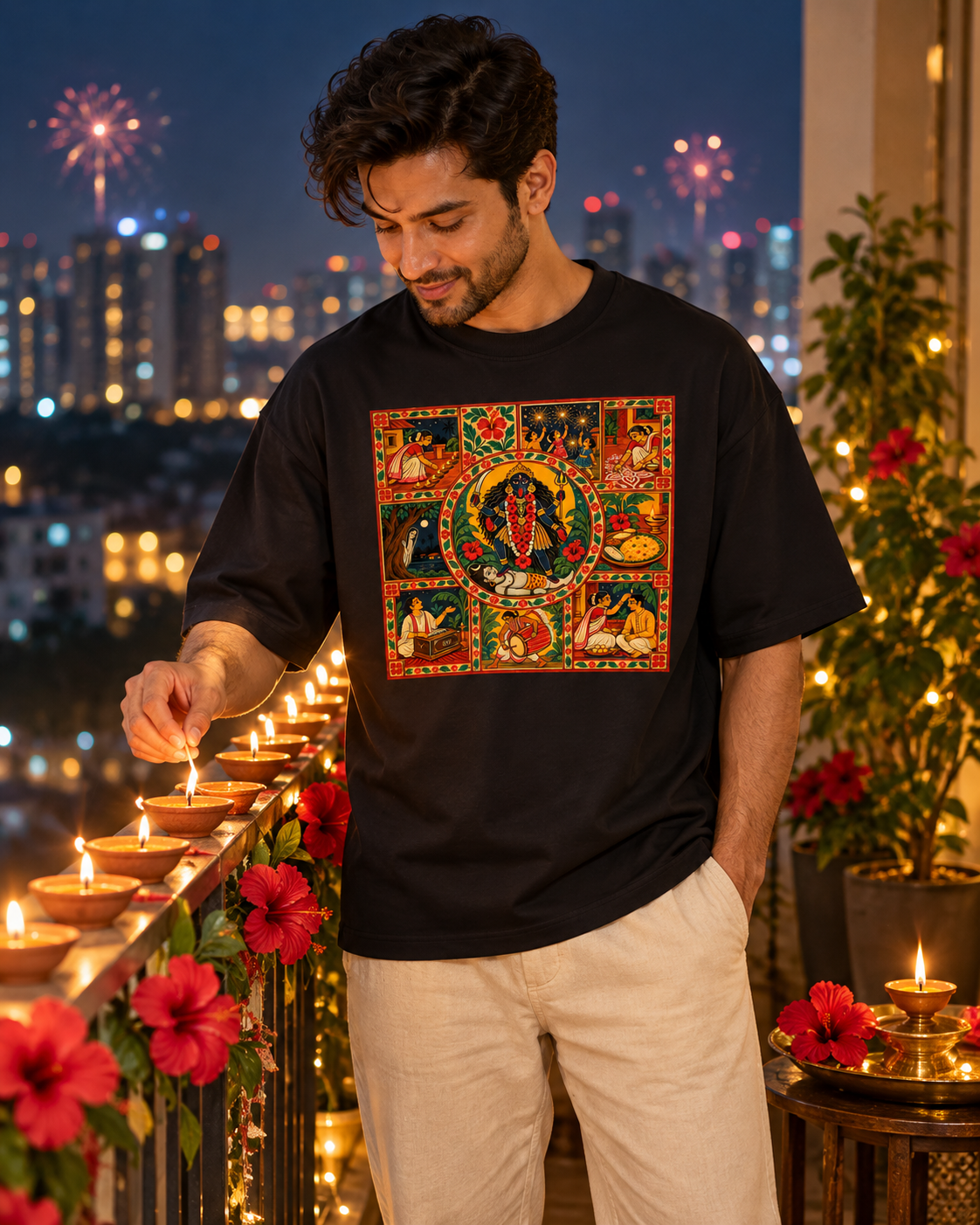 Shyama Raat | Kali Pujo Bengali Folk Art Oversized T-Shirt