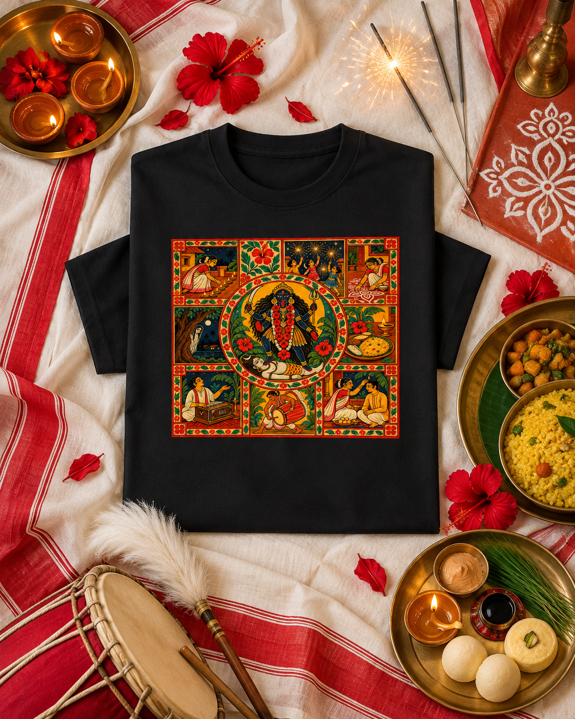 Shyama Raat | Kali Pujo Bengali Folk Art Oversized T-Shirt