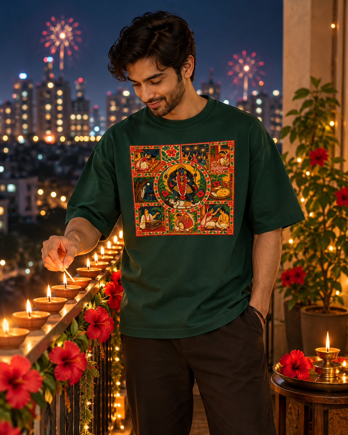 Shyama Raat | Kali Pujo Bengali Folk Art Oversized T-Shirt
