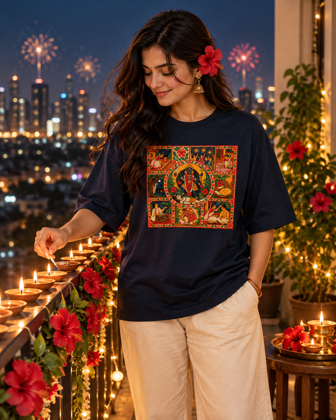 Shyama Raat | Kali Pujo Bengali Folk Art Oversized T-Shirt
