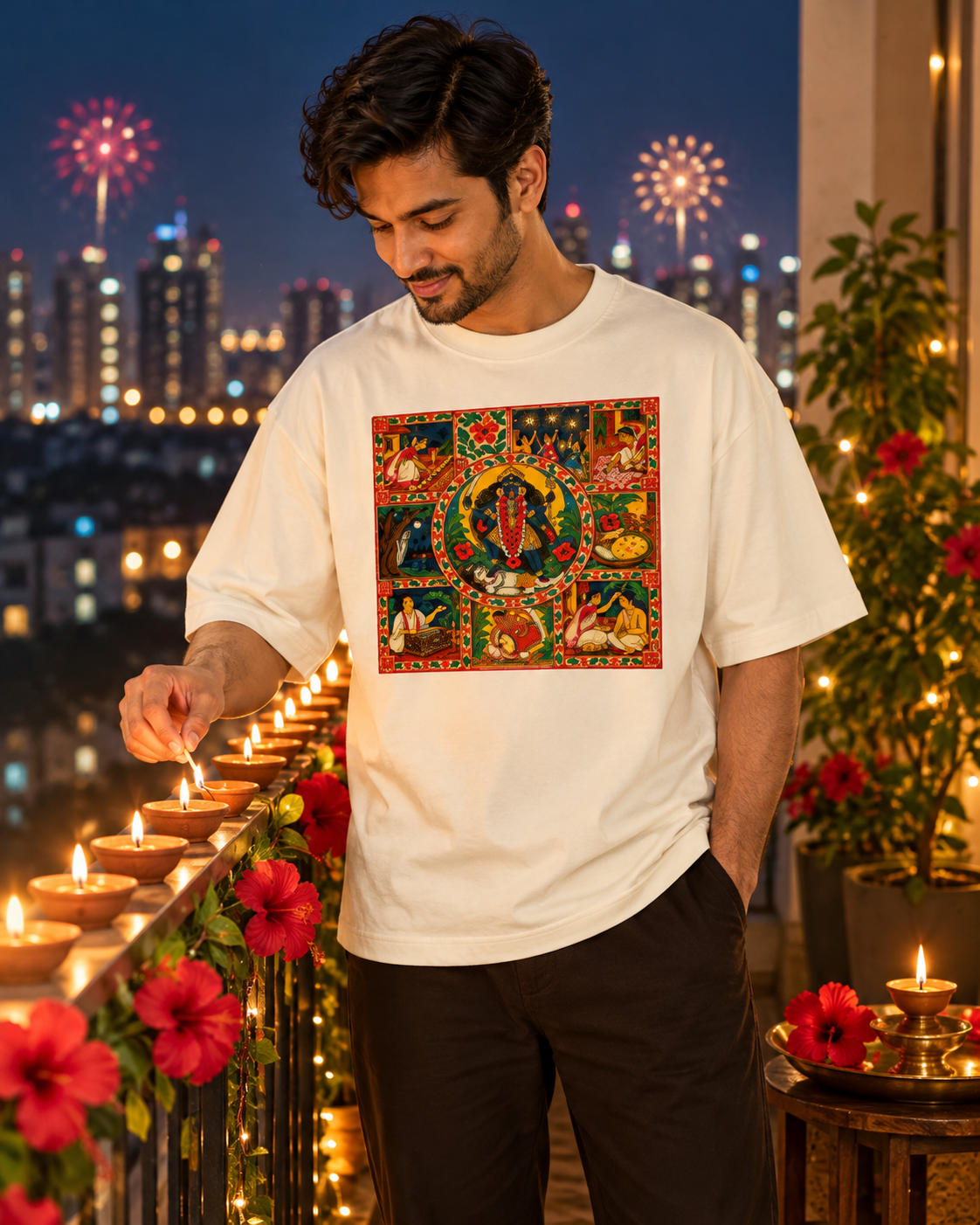 Shyama Raat | Kali Pujo Bengali Folk Art Oversized T-Shirt