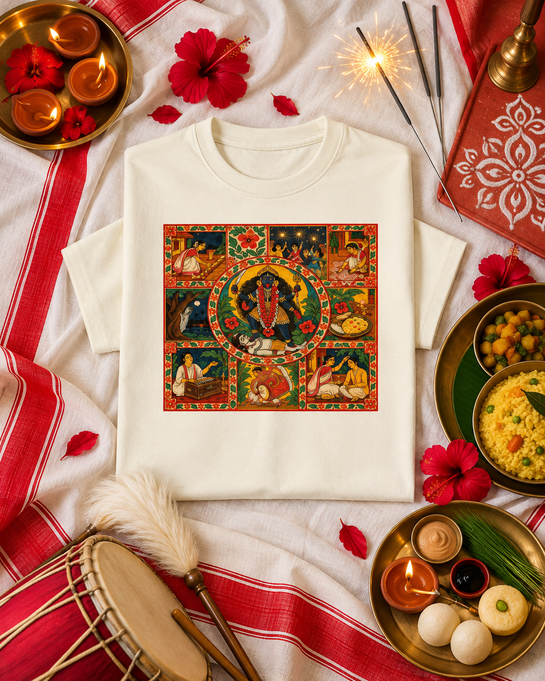 Shyama Raat | Kali Pujo Bengali Folk Art Oversized T-Shirt